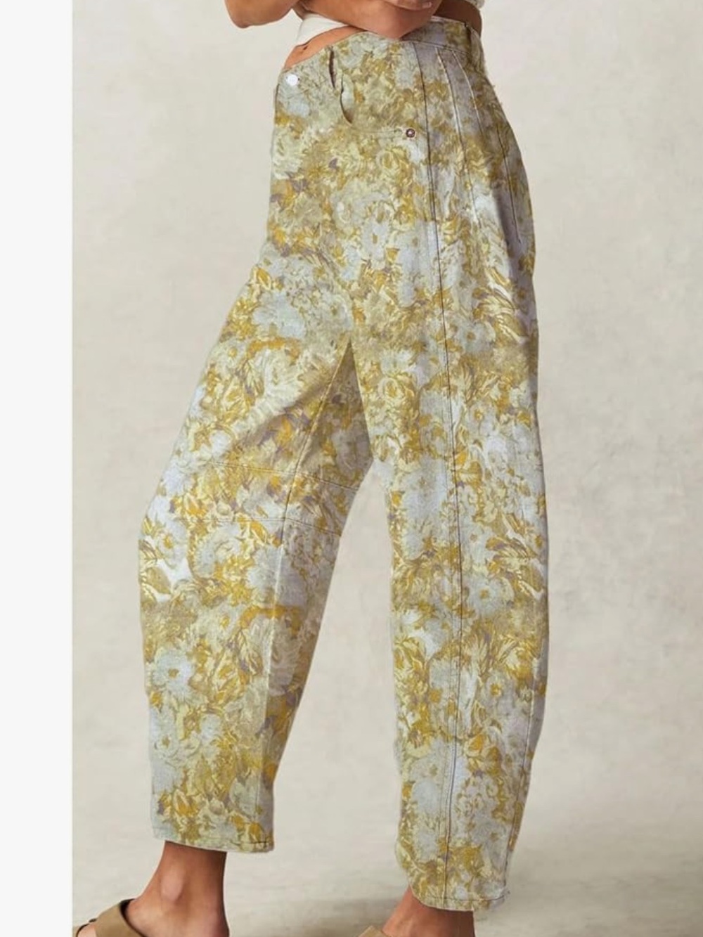 Wide-Leg Cropped Floral Jeans Pants - Yellow/Light Blue - Picture 1 of 2